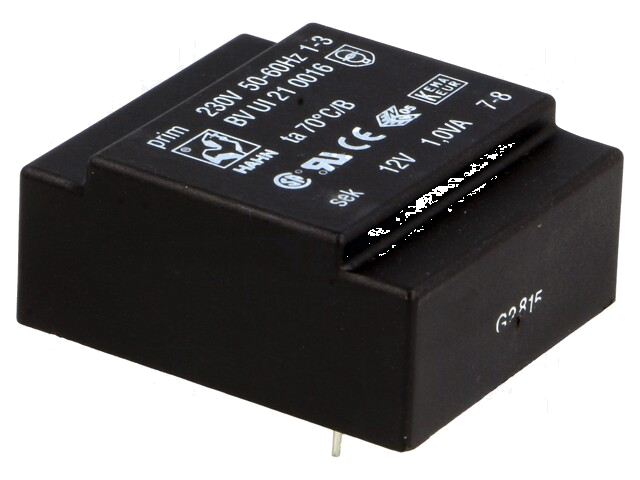 Transformator: ingegoten; 1VA; 230VAC; 12V; 83mA; PCB; BVUI Transformator: ingegoten; 1VA; 230VAC; 12V; 83mA; PCB; BVUI